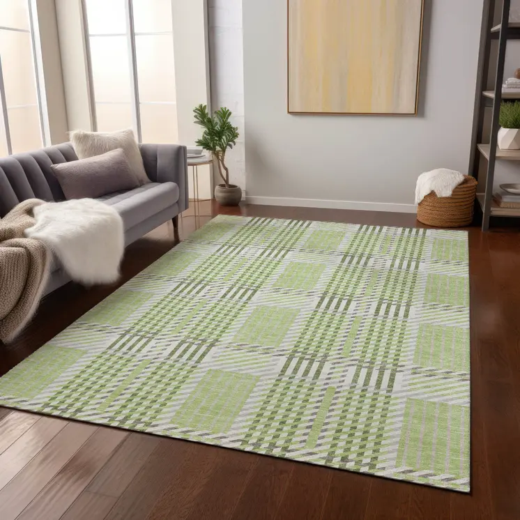 10' X 14' Artichoke Green Gray And Brown Plaid Washable Indoor Outdoor Area Rug