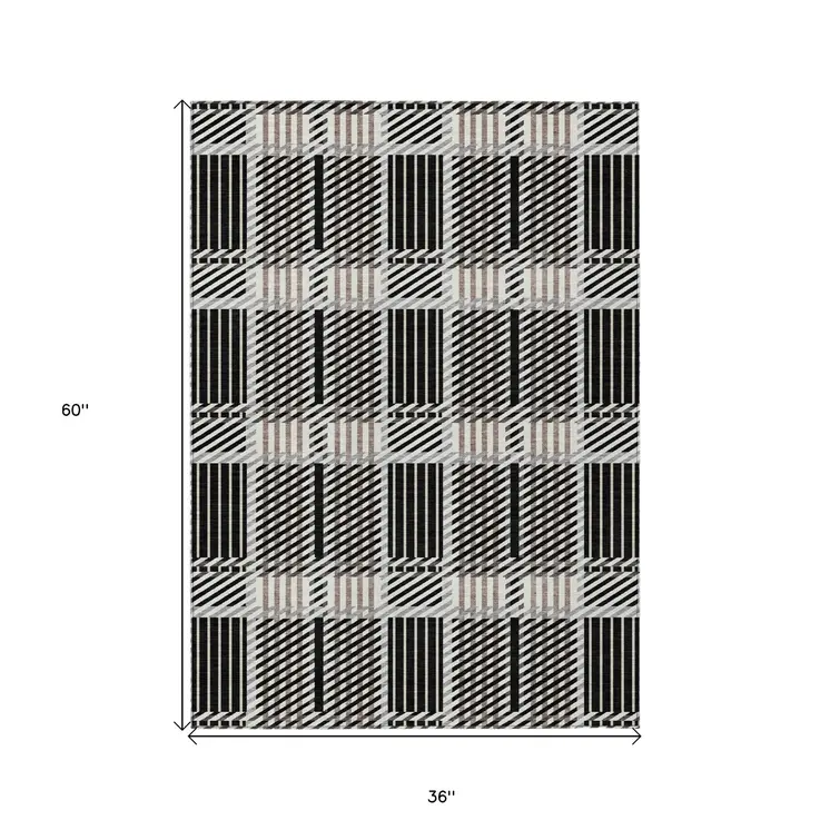 3' X 5' Black Gray And Brown Plaid Washable Indoor Outdoor Area Rug