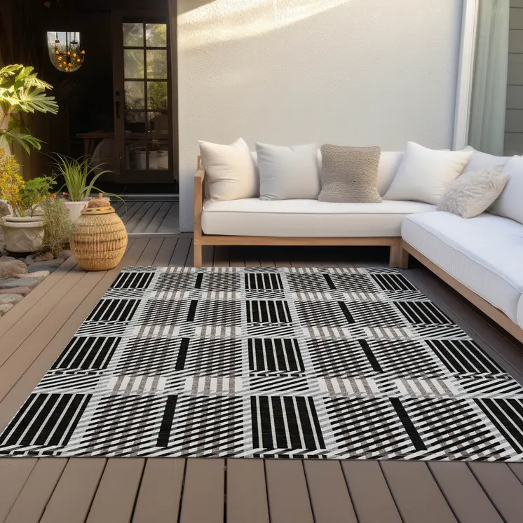 3' X 5' Black Gray And Brown Plaid Washable Indoor Outdoor Area Rug