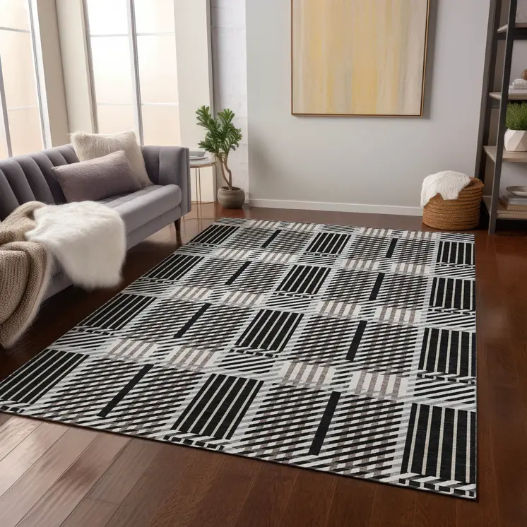3' X 5' Black Gray And Brown Plaid Washable Indoor Outdoor Area Rug