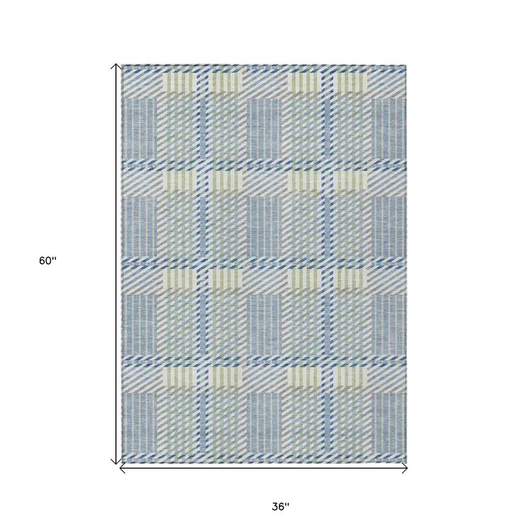 3' X 5' Denim Blue Green And Ivory Plaid Washable Indoor Outdoor Area Rug