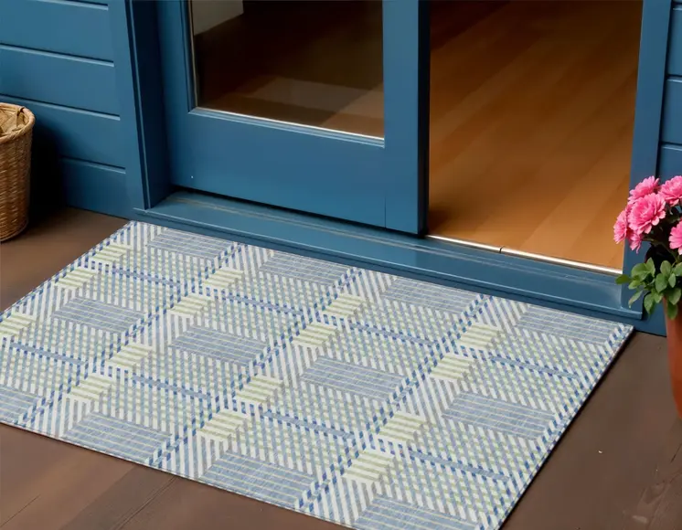 3' X 5' Denim Blue Green And Ivory Plaid Washable Indoor Outdoor Area Rug