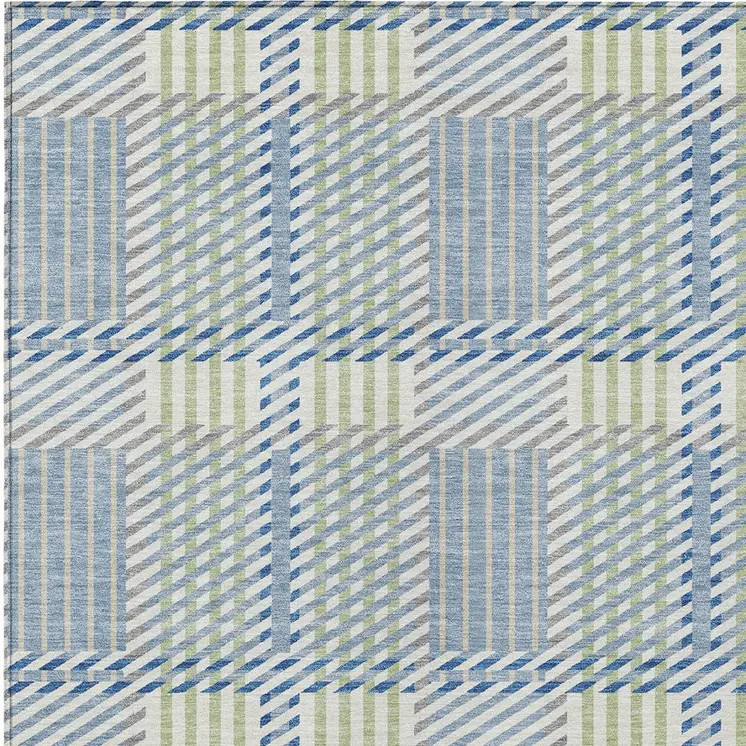 3' X 5' Denim Blue Green And Ivory Plaid Washable Indoor Outdoor Area Rug