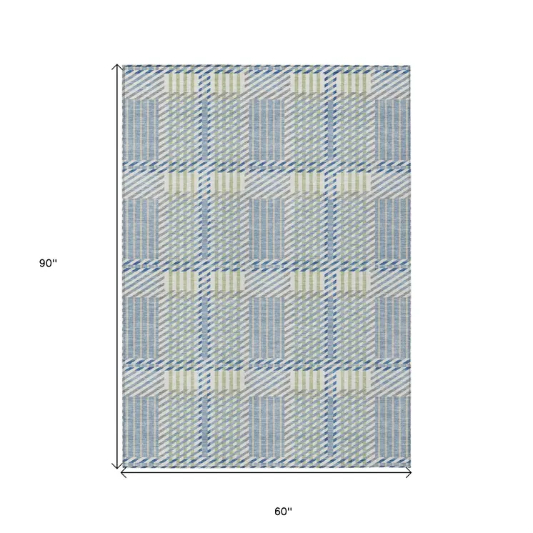 5' X 8' Denim Blue Green And Ivory Plaid Washable Indoor Outdoor Area Rug