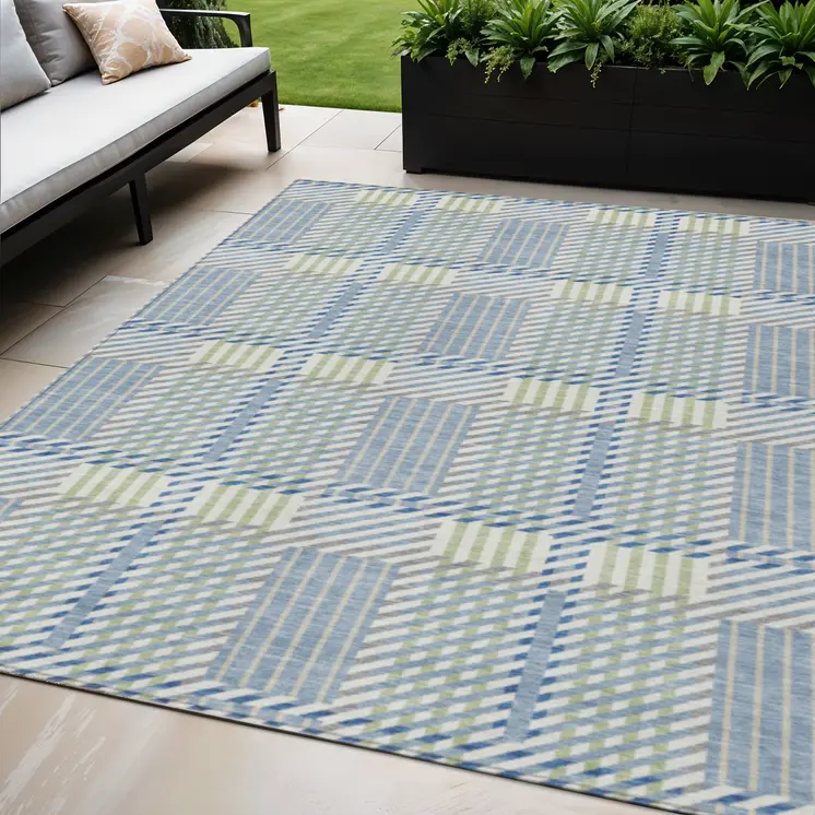5' X 8' Denim Blue Green And Ivory Plaid Washable Indoor Outdoor Area Rug