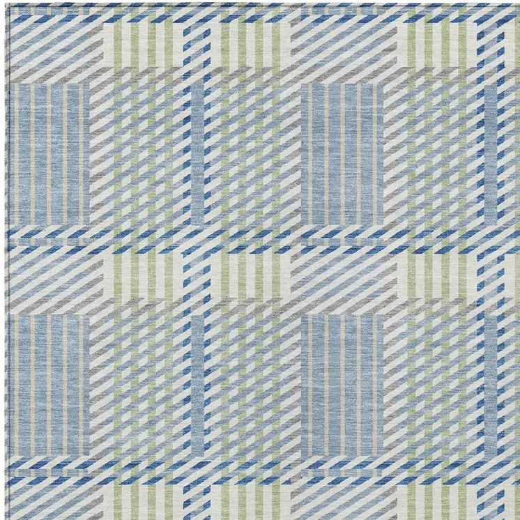5' X 8' Denim Blue Green And Ivory Plaid Washable Indoor Outdoor Area Rug