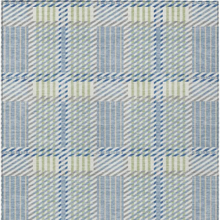 10' X 14' Denim Blue Green And Ivory Plaid Washable Indoor Outdoor Area Rug