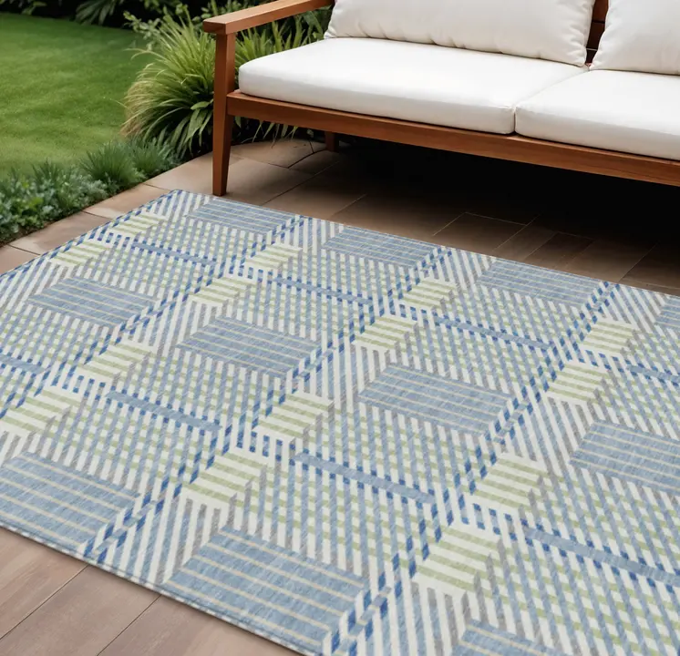 10' X 14' Denim Blue Green And Ivory Plaid Washable Indoor Outdoor Area Rug