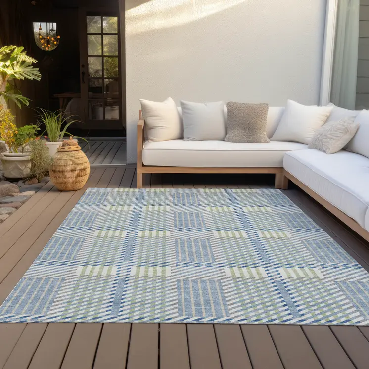 10' X 14' Denim Blue Green And Ivory Plaid Washable Indoor Outdoor Area Rug