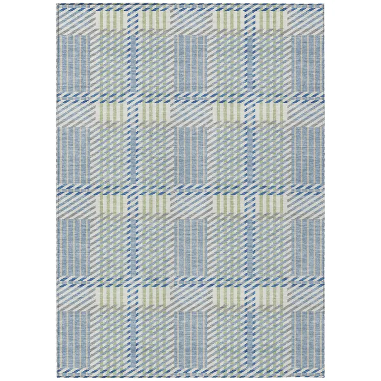 10' X 14' Denim Blue Green And Ivory Plaid Washable Indoor Outdoor Area Rug