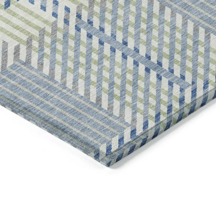 10' X 14' Denim Blue Green And Ivory Plaid Washable Indoor Outdoor Area Rug