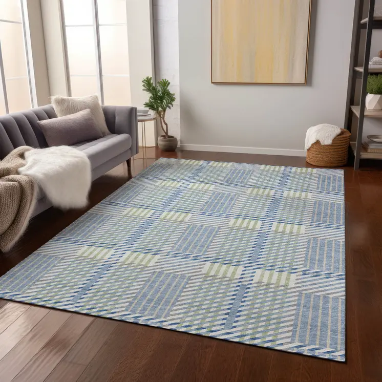 10' X 14' Denim Blue Green And Ivory Plaid Washable Indoor Outdoor Area Rug