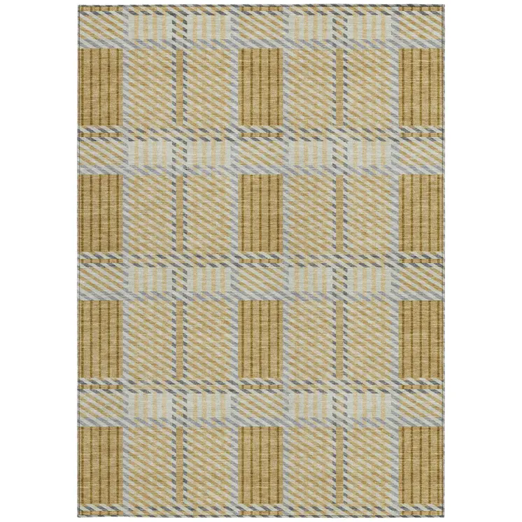 3' X 5' Gold Brown And Gray Plaid Washable Indoor Outdoor Area Rug