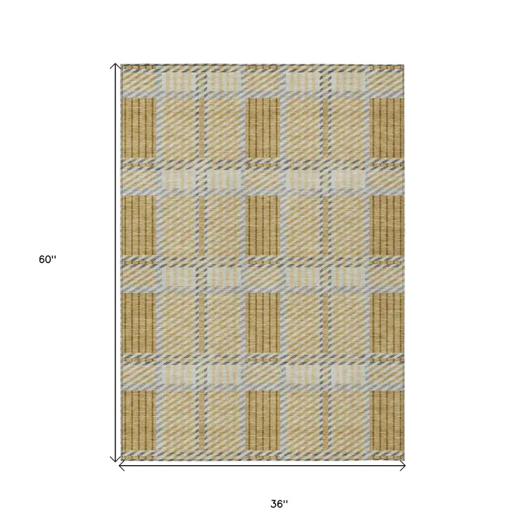 3' X 5' Gold Brown And Gray Plaid Washable Indoor Outdoor Area Rug