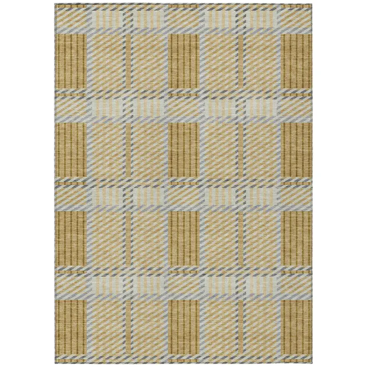 3' X 5' Gold Brown And Gray Plaid Washable Indoor Outdoor Area Rug