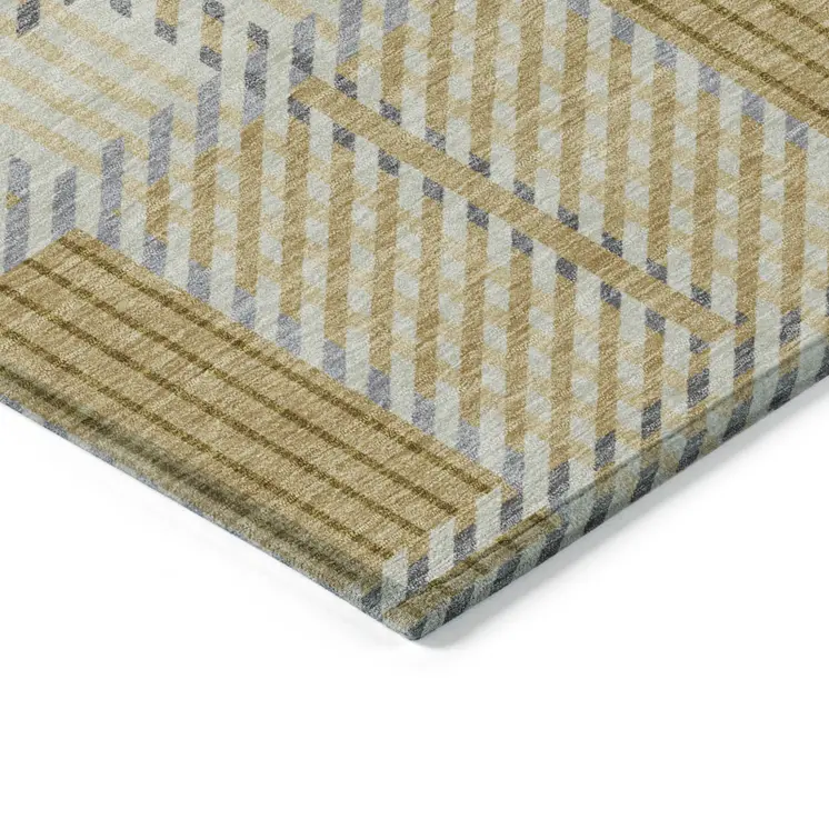 3' X 5' Gold Brown And Gray Plaid Washable Indoor Outdoor Area Rug