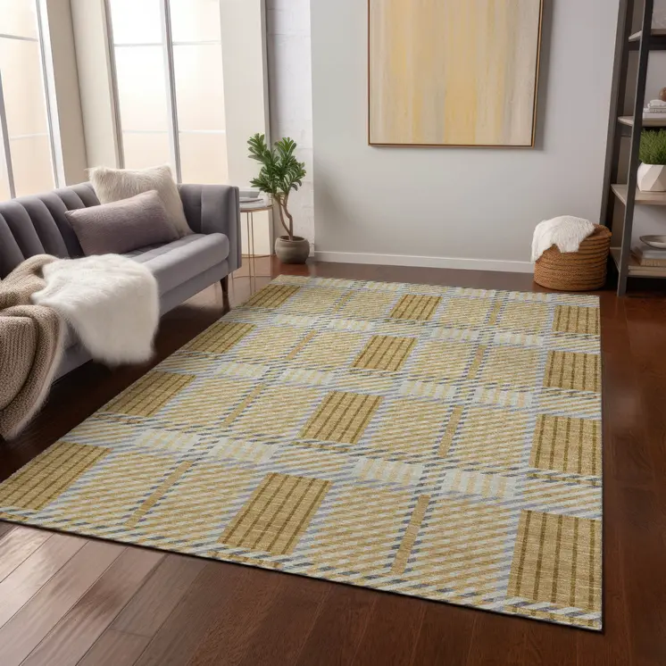 3' X 5' Gold Brown And Gray Plaid Washable Indoor Outdoor Area Rug