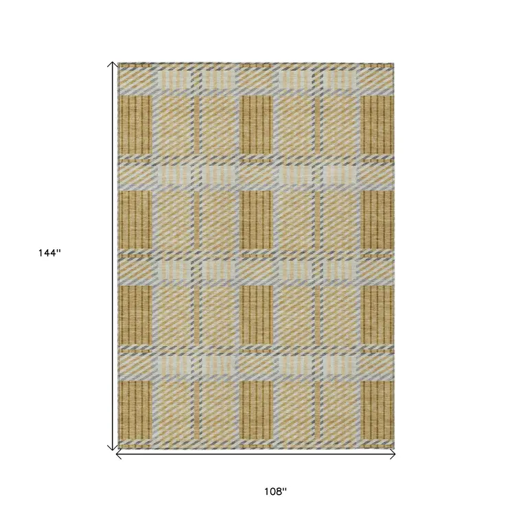 9' X 12' Gold Brown And Gray Plaid Washable Indoor Outdoor Area Rug