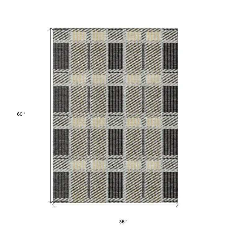 3' X 5' Gray Charcoal And Black Plaid Washable Indoor Outdoor Area Rug