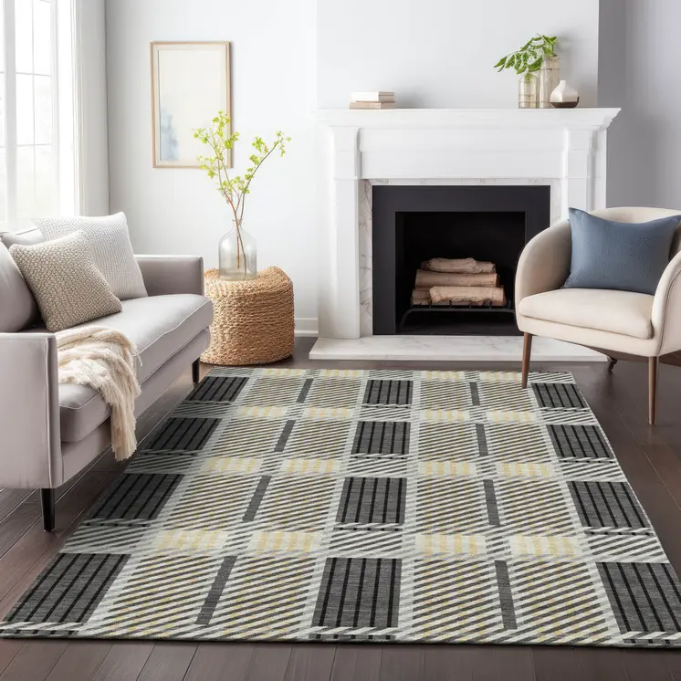 3' X 5' Gray Charcoal And Black Plaid Washable Indoor Outdoor Area Rug