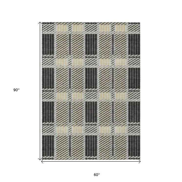 5' X 8' Gray Charcoal And Black Plaid Washable Indoor Outdoor Area Rug