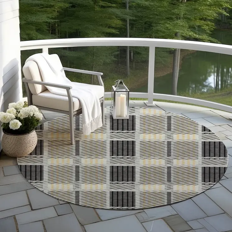 8' Gray Charcoal And Black Round Plaid Washable Indoor Outdoor Area Rug