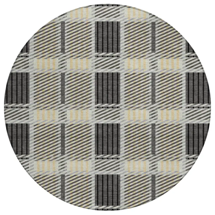 8' Gray Charcoal And Black Round Plaid Washable Indoor Outdoor Area Rug