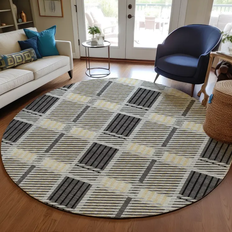 8' Gray Charcoal And Black Round Plaid Washable Indoor Outdoor Area Rug