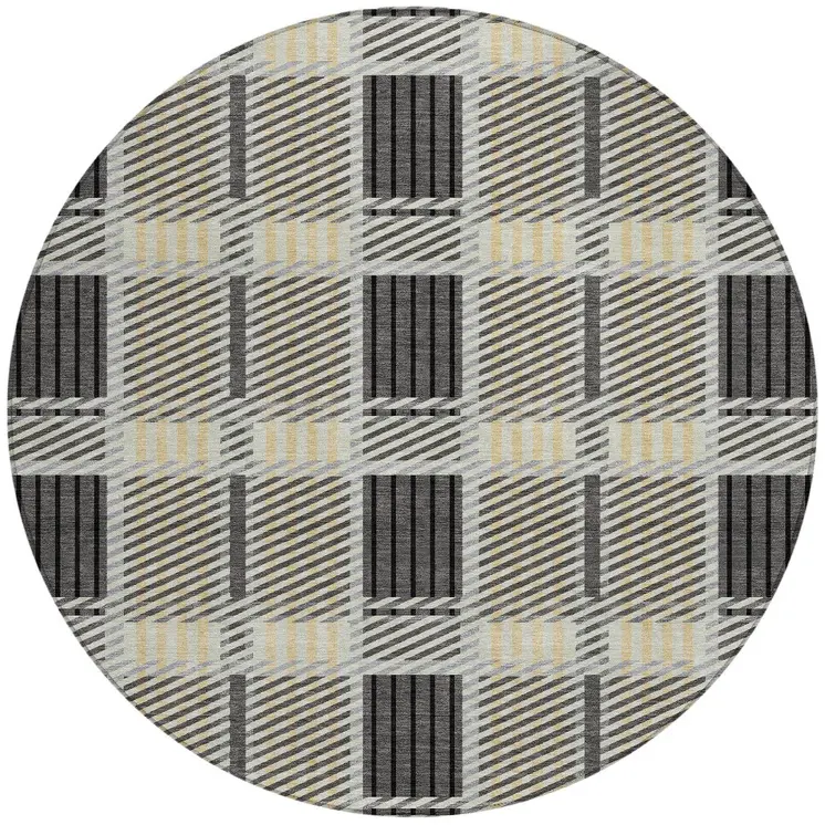 8' Gray Charcoal And Black Round Plaid Washable Indoor Outdoor Area Rug