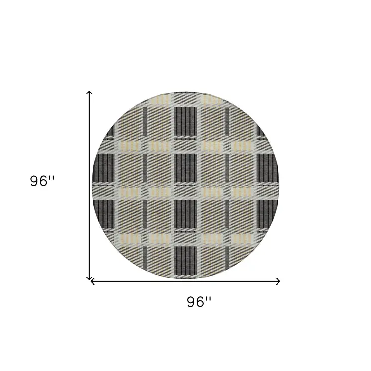8' Gray Charcoal And Black Round Plaid Washable Indoor Outdoor Area Rug