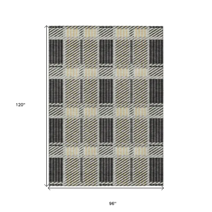8' X 10' Gray Charcoal And Black Plaid Washable Indoor Outdoor Area Rug