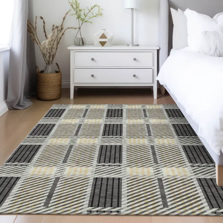 8' X 10' Gray Charcoal And Black Plaid Washable Indoor Outdoor Area Rug