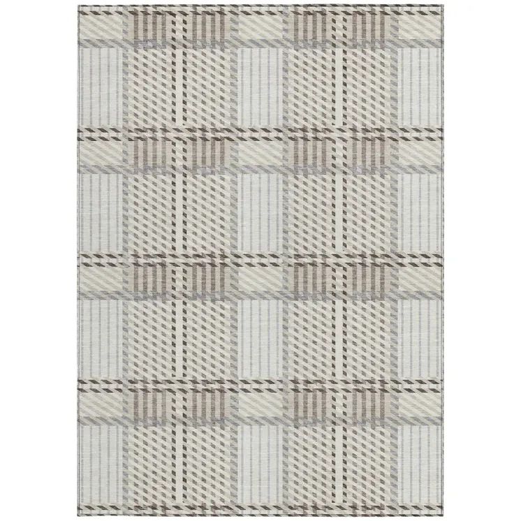 3' X 5' Ivory Gray And Brown Plaid Washable Indoor Outdoor Area Rug