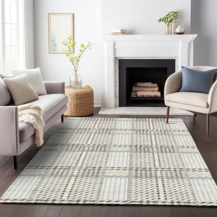 5' X 8' Ivory Gray And Brown Plaid Washable Indoor Outdoor Area Rug