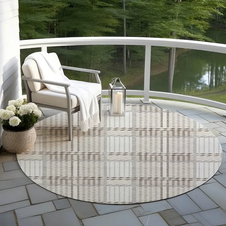 8' Ivory Gray And Brown Round Plaid Washable Indoor Outdoor Area Rug