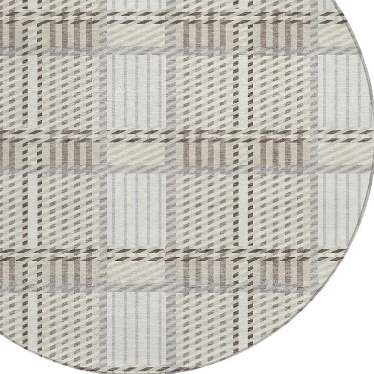 8' Ivory Gray And Brown Round Plaid Washable Indoor Outdoor Area Rug