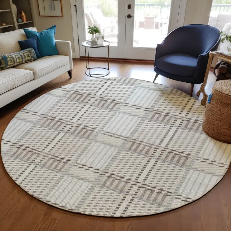 8' Ivory Gray And Brown Round Plaid Washable Indoor Outdoor Area Rug