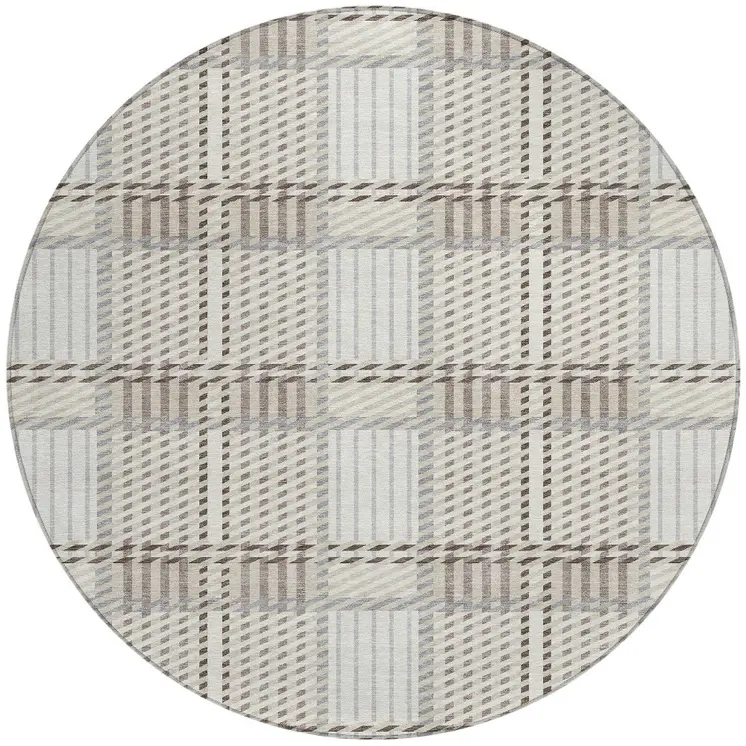 8' Ivory Gray And Brown Round Plaid Washable Indoor Outdoor Area Rug