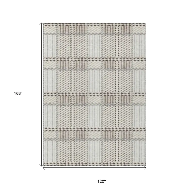 10' X 14' Ivory Gray And Brown Plaid Washable Indoor Outdoor Area Rug