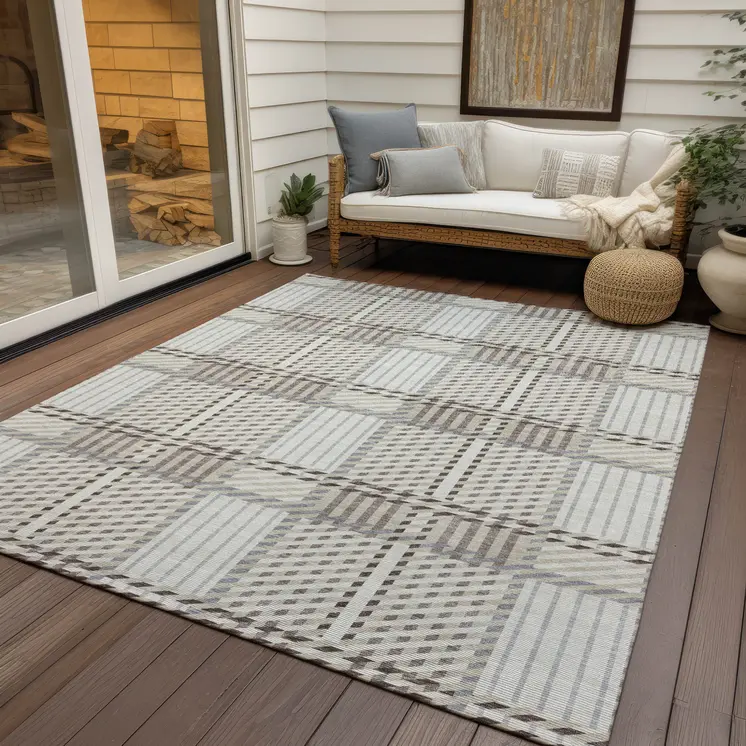 10' X 14' Ivory Gray And Brown Plaid Washable Indoor Outdoor Area Rug