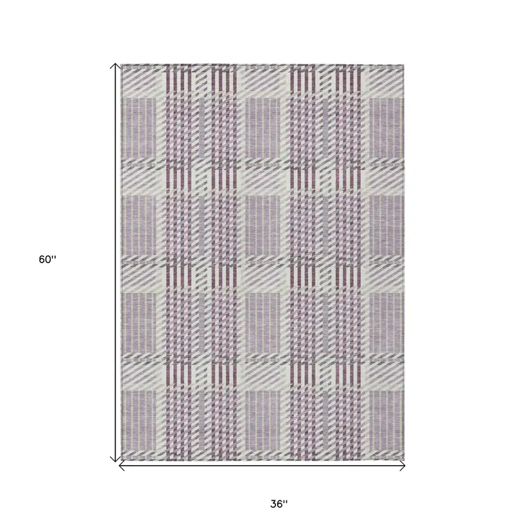3' X 5' Lavender Ivory And Gray Plaid Washable Indoor Outdoor Area Rug