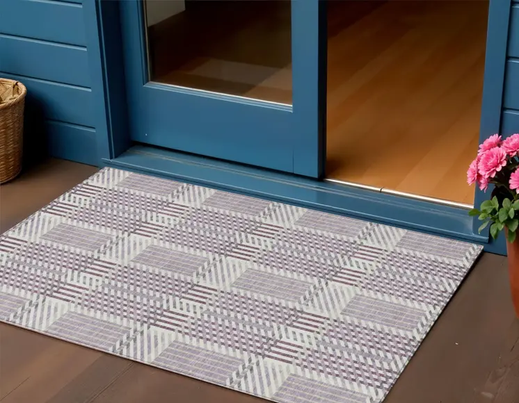 3' X 5' Lavender Ivory And Gray Plaid Washable Indoor Outdoor Area Rug