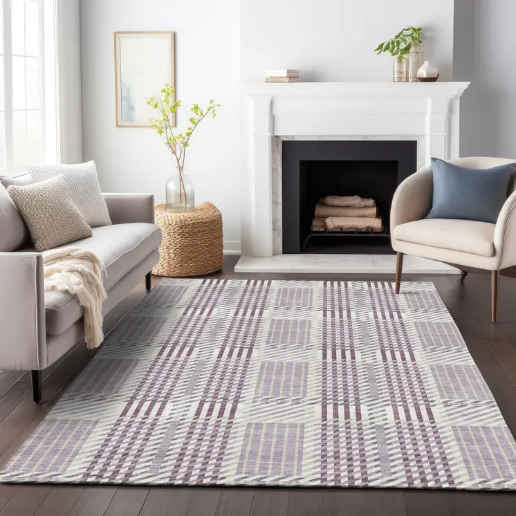 3' X 5' Lavender Ivory And Gray Plaid Washable Indoor Outdoor Area Rug