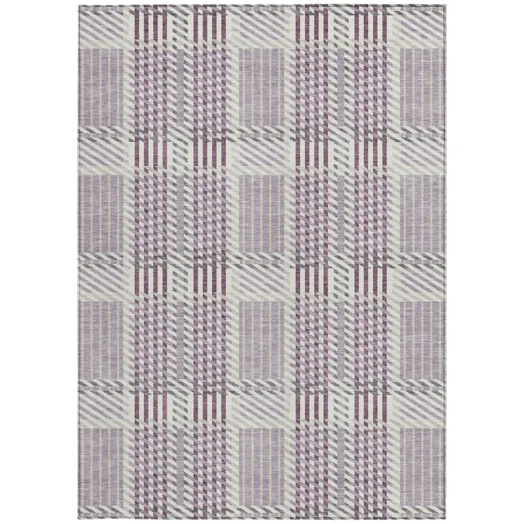 5' X 8' Lavender Ivory And Gray Plaid Washable Indoor Outdoor Area Rug