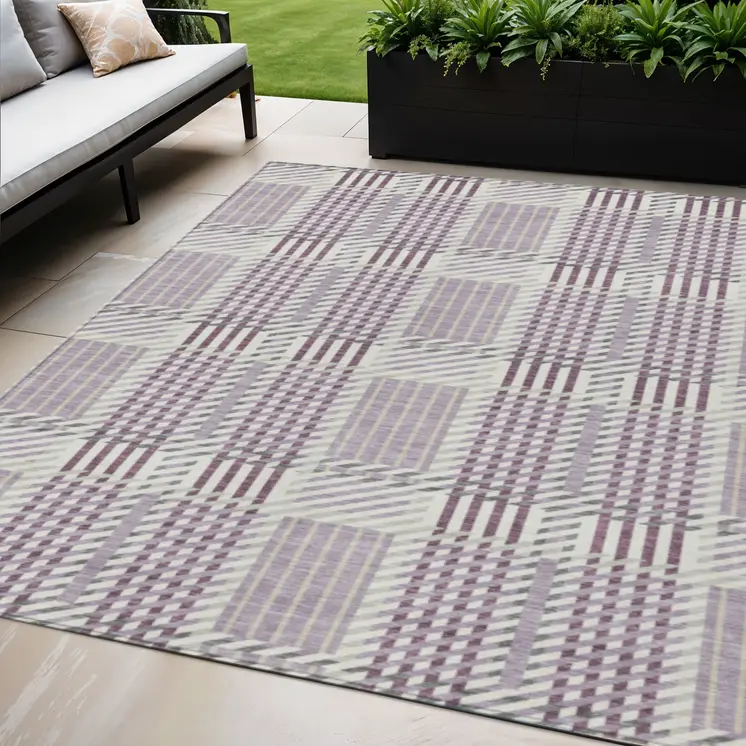 5' X 8' Lavender Ivory And Gray Plaid Washable Indoor Outdoor Area Rug