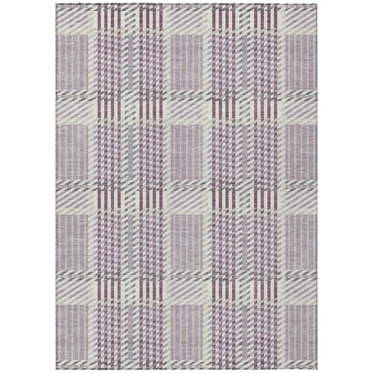 5' X 8' Lavender Ivory And Gray Plaid Washable Indoor Outdoor Area Rug