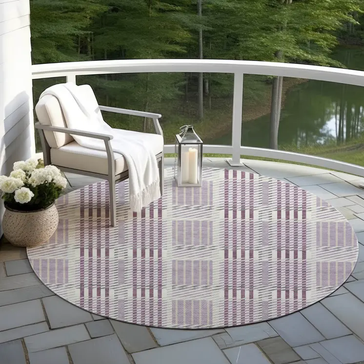 8' Lavender Ivory And Gray Round Plaid Washable Indoor Outdoor Area Rug