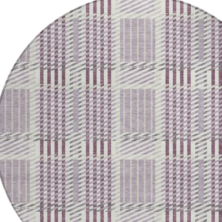 8' Lavender Ivory And Gray Round Plaid Washable Indoor Outdoor Area Rug