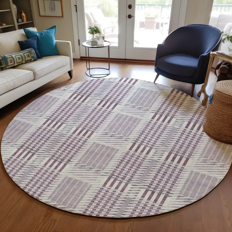 8' Lavender Ivory And Gray Round Plaid Washable Indoor Outdoor Area Rug