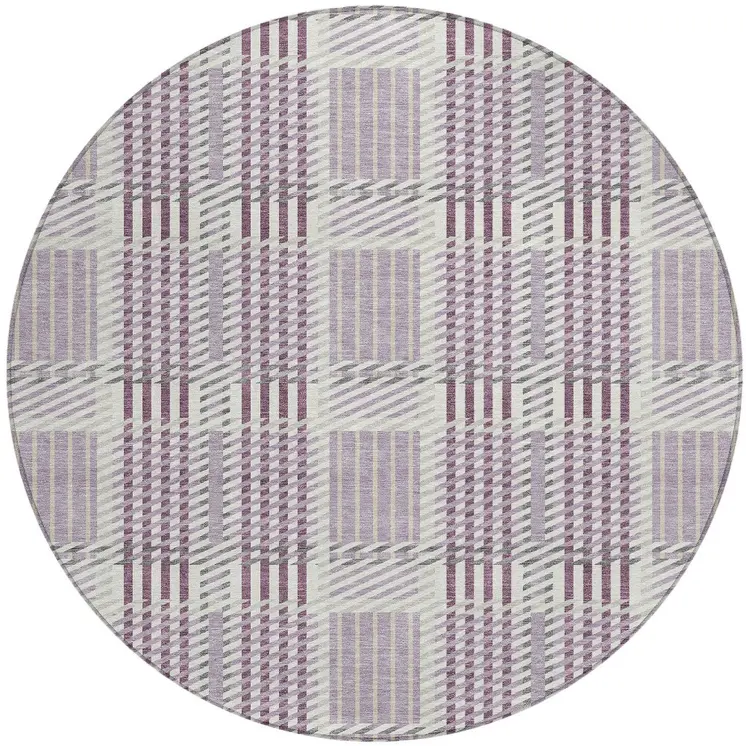 8' Lavender Ivory And Gray Round Plaid Washable Indoor Outdoor Area Rug